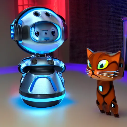 Image similar to a 3 d rendered movie of a cute robot kitten with whiskers. the robot has rgb lighting implants. in the background is a cat tree ( cyberpunk ) for robots. dramatic lighting. science fiction outer space fantasy blockbuster movie, imax 7 0 mm. octane 3 d render, style of mandalorian ( american space western television series ) but about robots, polka dancing contest.