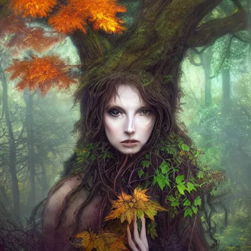 Image similar to portrait of a dryad in a shadowy forest of autumn maples by brian froud and jessica rossier dark mysterious -