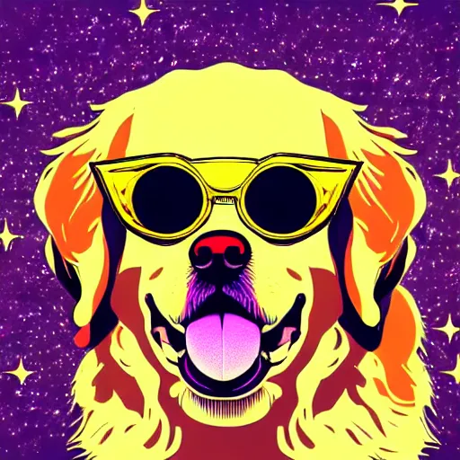 Prompt: portrait of golden retriever sunglasses stars in the sky ( fairies ) detailed face enchanted psychedelic vector art illustration gears of war cell shaded illustration gta 5 artwork of golden retriever, in the style of gta 5 loading screen, by stephen bliss by hieronymus bosch and frank frazetta