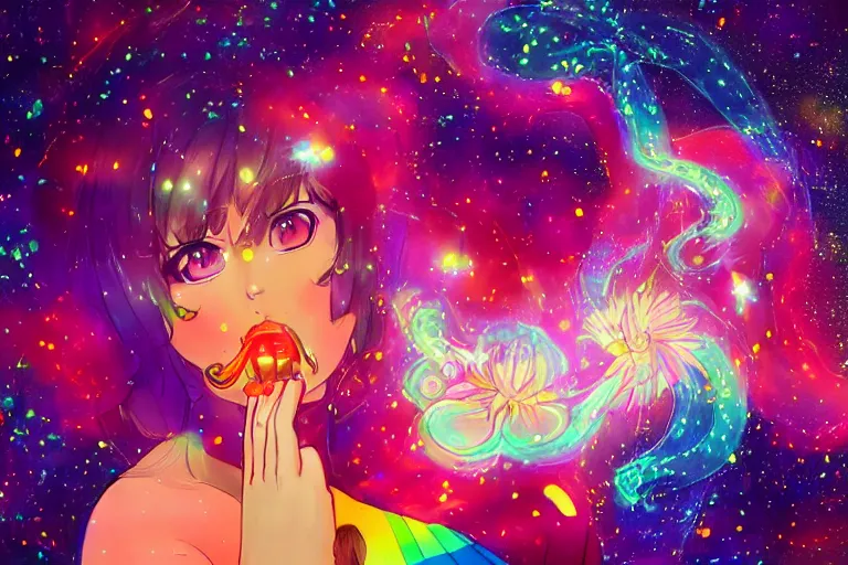 Image similar to psychedelic, whimsical, anime, 4k, beautiful intimate woman blowing smoke, with professional makeup, long trippy hair, a crystal and flower dress, sitting in a reflective pool, surrounded by gems, underneath the stars, rainbow fireflies, trending on patreon, deviantart, twitter, artstation, volumetric lighting, heavy contrast, art style of Ross Tran and Viktoria Gavrilenko and Ilya Kuvshinov