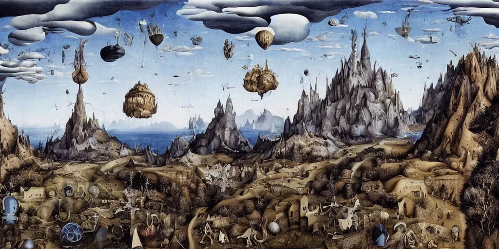 Prompt: a stunningly beautiful hyper-realistic landscape painting by Bosch and Giger and Beardsley under a blue sky with hovering metallic airships and oversized broken dolls scattered about