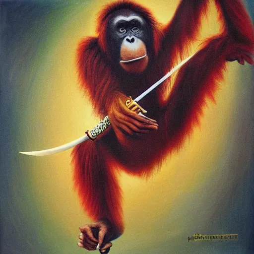 Prompt: An orangutan thrusting a sword into the air heroically, 80s album cover art style, oil painting, surreal, colorful, detailed, fantastic