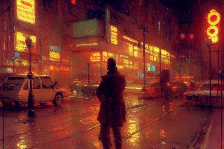 Prompt: winter, attractive male, neon light, cyberpunk, painting by gaston bussiere, craig mullins, j. c. leyendecker