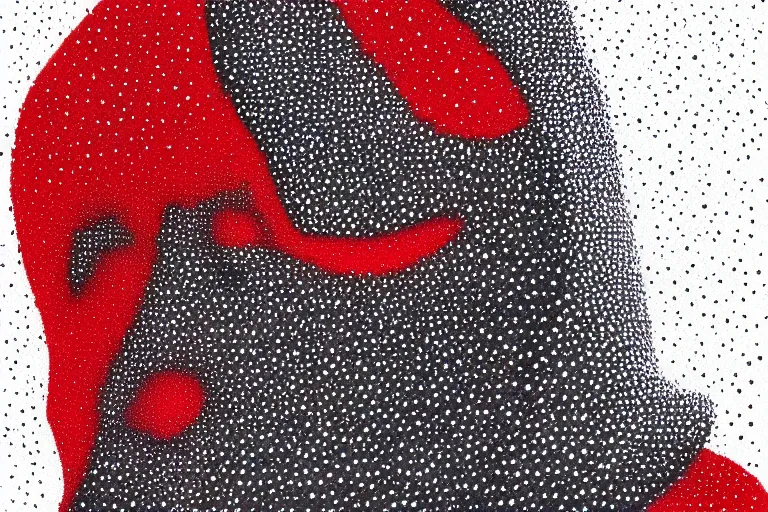 Image similar to face made out of mist, faceless people dark, dots, drip, stipple, pointillism, technical, abstract, minimal, style of francis bacon, asymmetry, pulled apart, cloak, hooded figure, made of dots, abstract, balaclava, red dots