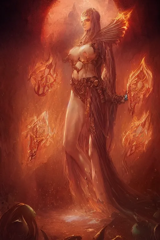Prompt: Ethereal Beautiful Flame Goddess wearing Bikini Armor Imbued with Glowing Water Runes, digital art, fantasy, magic, professional illustration by Seb McKinnon, WLOP, and artgerm, illustration