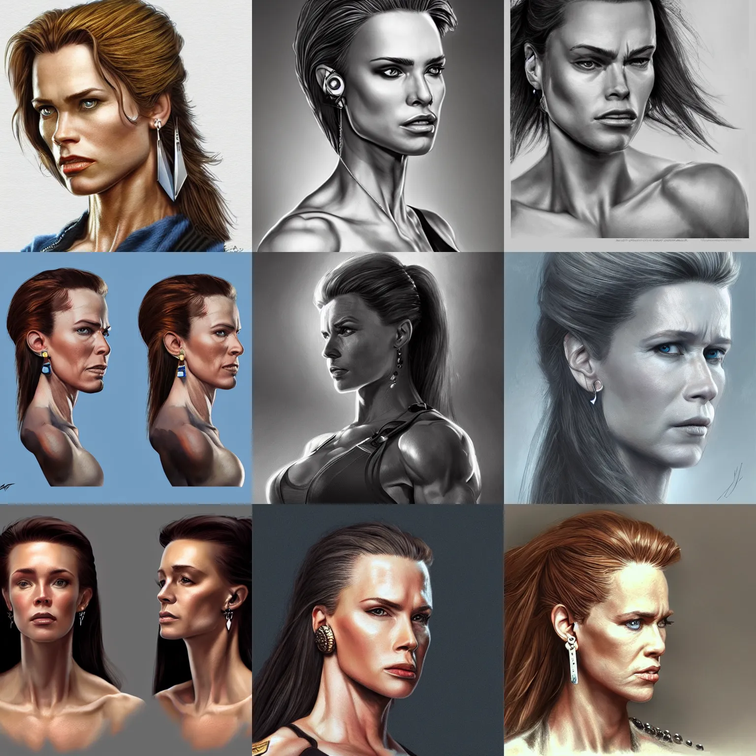 Prompt: female schwarzenegger with earrings, highly detailed, artstation, concept art, sharp focus, john howe, briclot, rutkowski