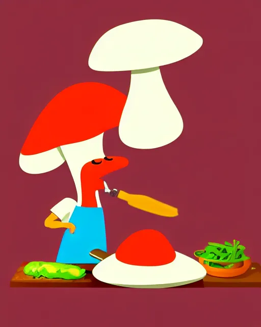 Prompt: an anthropomorphic mushroom chef cooking a meal, fantasy cartoon illustration, bold colors, simple shapes, trending on artstation