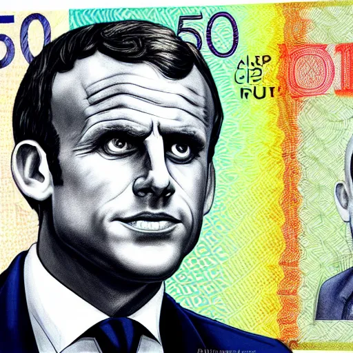 Prompt: Macron portrait on the 50 euro note, realistic, high detailed print