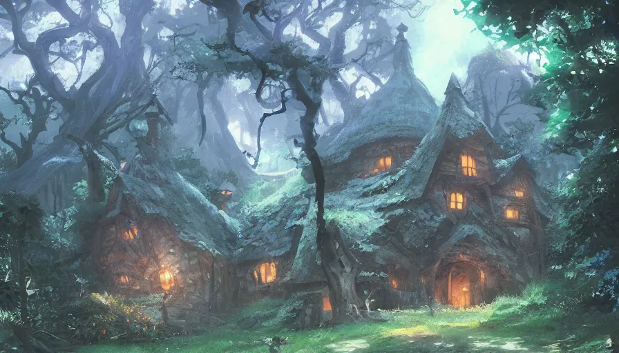 Image similar to a witches house nestled between the lush forest, trending on pixiv fanbox, painted by greg rutkowski makoto shinkai takashi takeuchi studio ghibli