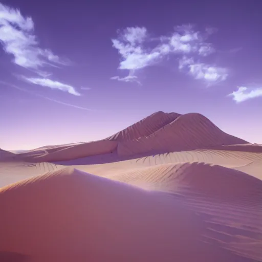 Image similar to avant-garde art, deco fashion, purple and sky blue theme, highly detailed, photorealistic portrait, hyper realistic serene desert setting, golden hour, crisp quality and light reflections, unreal engine 5 quality render