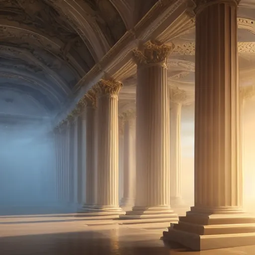 Image similar to portrait photo, god's rejected first draft of humanity, uncanny valley almost human adam and eve, inside a heavenly neo - futuristic greek revival beautiful cloud city with large white marble columns and low mysterious fog, golden hour lighting, god rays, volumetric lighting and fog