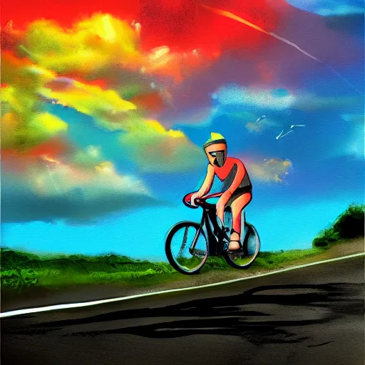 Image similar to The joy of riding a bike through the sky, striking composition, evokes feelings of wonder, expressive digital painting