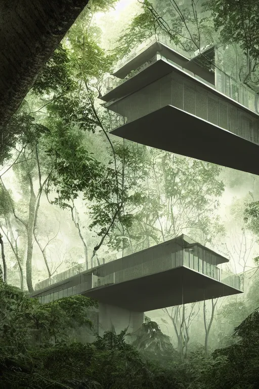 Image similar to architecture inspired by le corbusier in the rainforest. nature is taking over. upside down. metabolism. matte painting. octane render. hdr. volumetric lighting. global illumination. atmospheric.