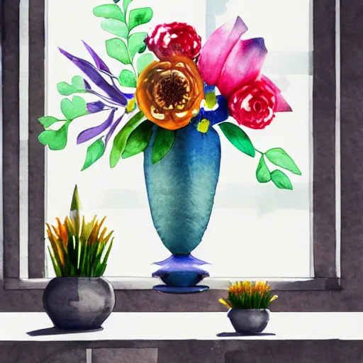 Image similar to a fancy vase with a colorful and beautiful flower arrangement by the fancy window. very stylize and delicate watercolor and pencil drawing. 3 d. beautiful lighting, 4 k post - processing, trending in art station, cg society, highly detailed, 5 k extremely detailed