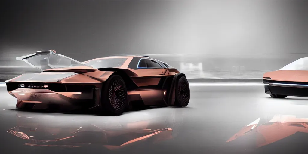 Image similar to a design of a futuristic DMC Delorian, designed by Polestar, blade runner background, front and back view, rose copper car paint with white line accent detailing, black windows, sportscar, dark show room, dramatic lighting, hyper realistic render, depth of field