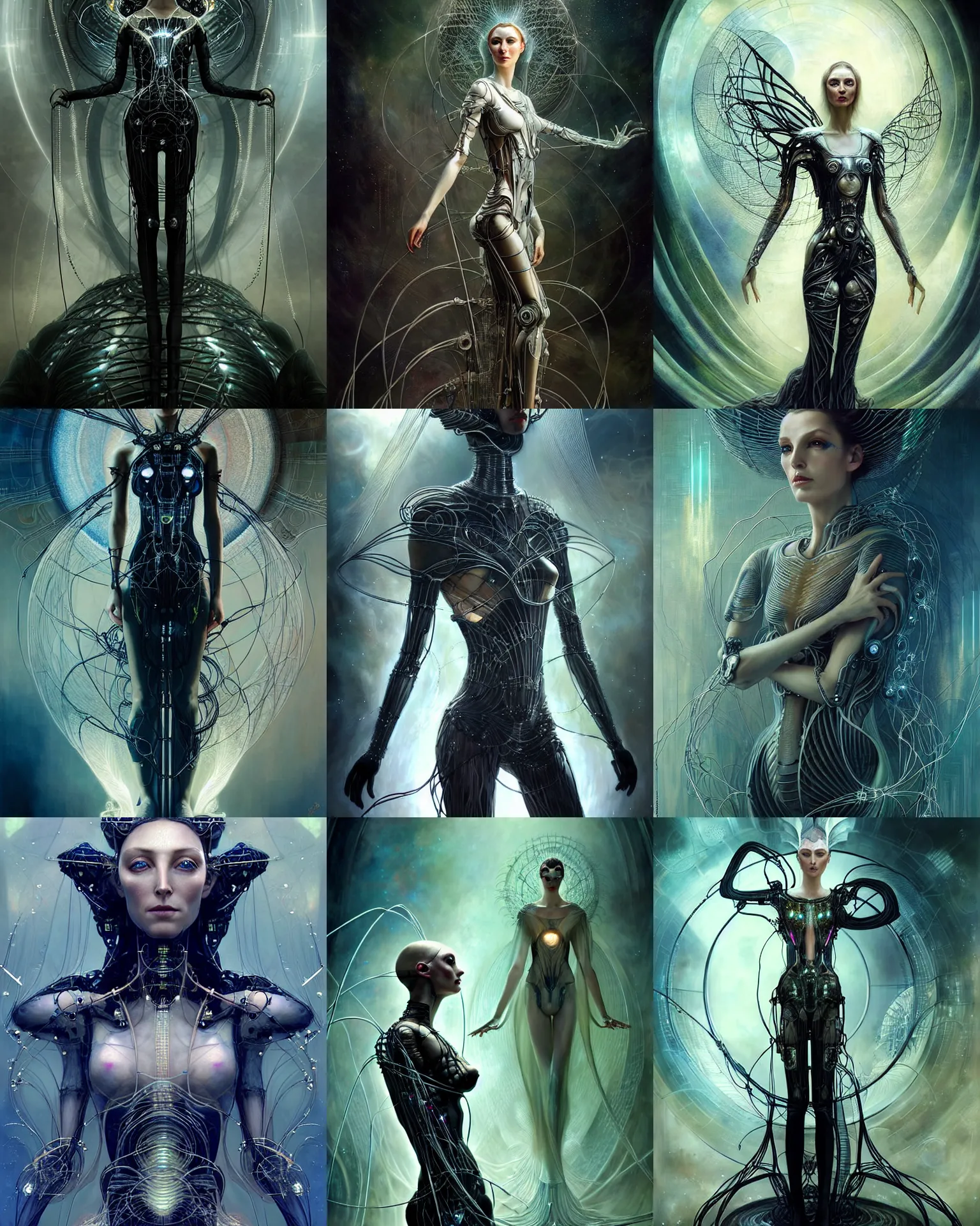 Image similar to karol bak and tom bagshaw and bastien lecouffe - deharme full body character portrait of galadriel as the borg queen, digitalcore rebirth, floating in a powerful zen state, supermodel, beautiful and ominous, wearing combination of mecha and bodysuit made of wires and silk, machinery enveloping nature in the background, scifi character render