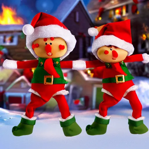 Prompt: angry christmas elves, north pole, buildings on fire in background, high detail, 8 k,