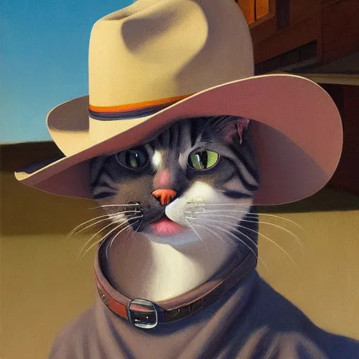 Prompt: Portrait of a cat with cowboy hat, very coherent, painted by Edward Hopper, Wayne Barlowe, painted by James Gilleard, airbrush, art by JamesJean