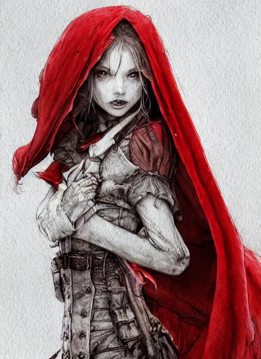 Image similar to portrait, wicked and beautiful little red riding hood, watercolor, dramatic lighting, cinematic, establishing shot, extremly high detail, foto realistic, cinematic lighting, pen and ink, intricate line drawings, by Yoshitaka Amano, Ruan Jia, Kentaro Miura, Artgerm, post processed, concept art, artstation, matte painting, style by eddie mendoza, raphael lacoste, alex ross