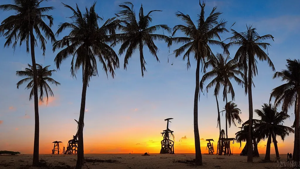 Image similar to west african village on stilts, solar punk, solar panels, strangler fig, turquoise beach, dragon blood tree, sunset, ornate gothic window details, cinematic,