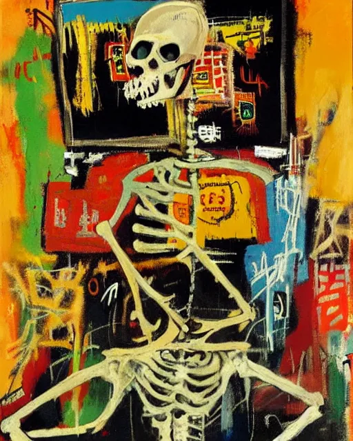 Image similar to oil neo expressionism painting of skull skeleton playing video games by basquiat and norman rockwell