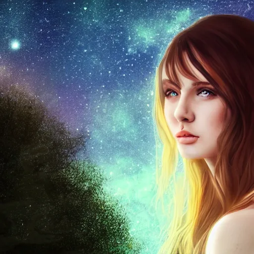 Prompt: an hd photo of a young woman with brown hair, green eyes. background of beautiful trees and night sky with multicolor stars and galaxies, trending on artstation