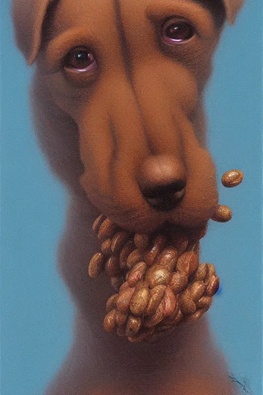 Prompt: painting of a very very very cute dog made entirely of beans, close up of a puppy, by zdzislaw beksinski, by dariusz zawadzki, by wayne barlowe, gothic, surrealism, cosmic horror, lovecraftian, cold hue's, warm tone gradient background, concept art, beautiful composition