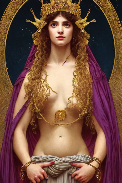 Image similar to Portrait of historically accurate, biblical, sneering, young, wicked, terrible, evil, pagan, beautiful, queen jezebel of ancient Israel, wearing gilded robes, long hair, intricate, elegant, highly detailed, masterpiece, illustration, art by artgerm and greg rutkowski and alphonse mucha and Wayne Barlowe and william-adolphe bouguereau, highly detailed, trending on artstation, award winning