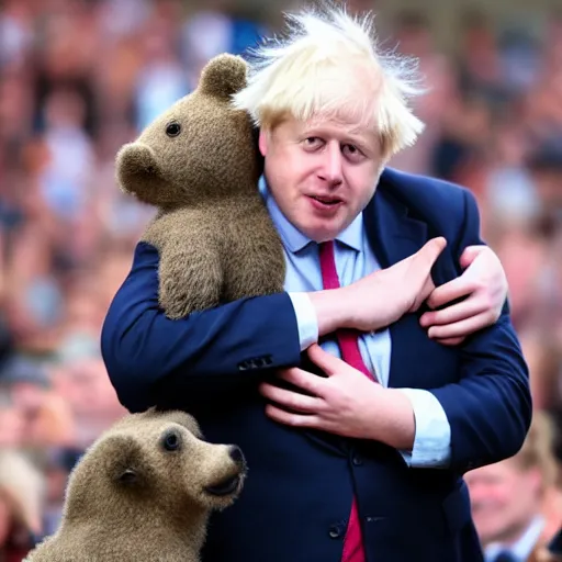 Prompt: Boris Johnson tapping a a bears shoulder and instantly regretting it