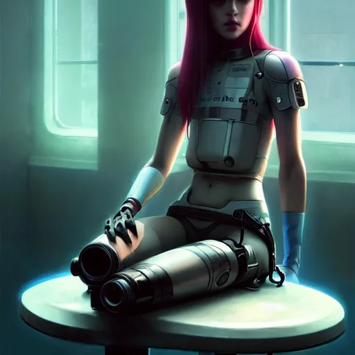 Prompt: broken [ cyborg girl ] by tom bagshaw, sitting on a metal table by ilya kuvshinov, rtx rendering in the style of tv series arcane, netflix, maya, extreme high intricate hyperrealistic details by wlop, digital anime art by ross tran, medium shot, close up shot, composition by sana takeda, dramatic lighting by greg rutkowski