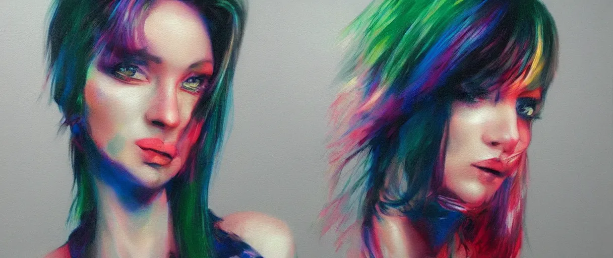 Image similar to realistic painting of a woman in syntwave style, created by Raffaello Sanzi.
