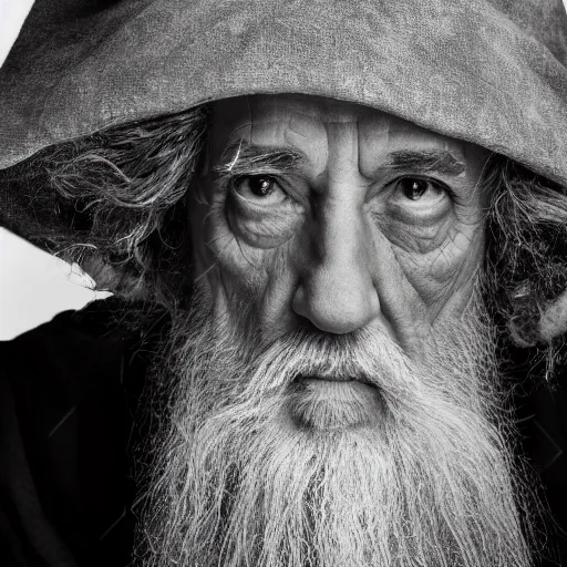 Prompt: a closeup black and white studio photographic portrait of gandalf, dramatic lighting