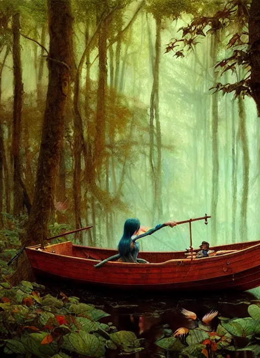 Image similar to boat in the woods by a river gorgeous lighting, lush forest foliage blue sky a hyper realistic painting by chiara bautista and beksinski and norman rockwell and greg rutkowski, tom bagshaw weta studio, and lucasfilm