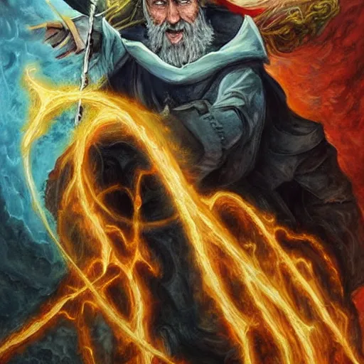 Image similar to A wizard fighting the forces of evil, hyperrealistic, award winning painting