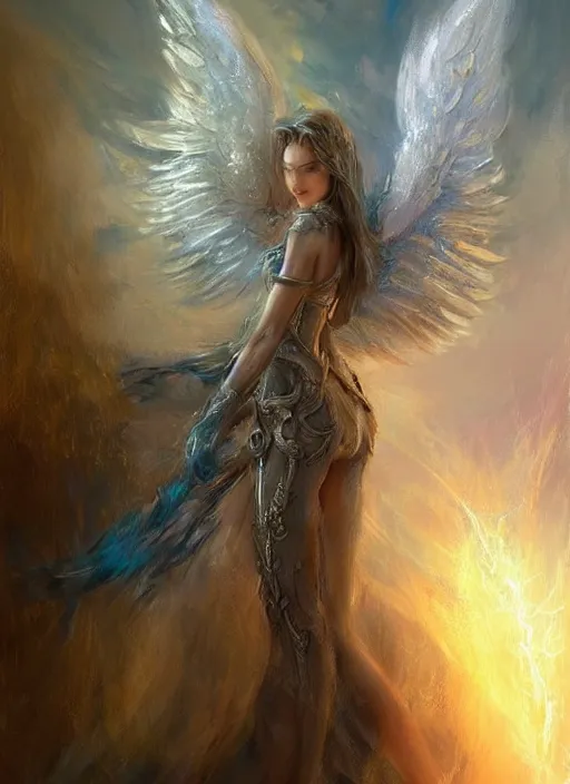 Image similar to concept art, angel knight girl. by artstation trending, by joseph mallord william turner, luis royo, konstantin razumov, cinematic lighting, fractal flame, highly detailed