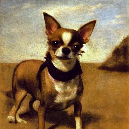 Image similar to chihuahua, by camille corot, eating a bagel