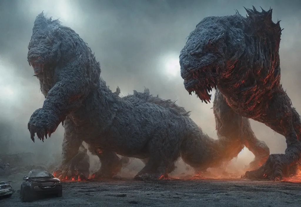 Image similar to vfx color film closeup, huge behemoth monster creature beast by aaron sims, in residential street, low - key lighting award winning photography arri alexa cinematography, hyper real photorealistic cinematic beautiful, atmospheric