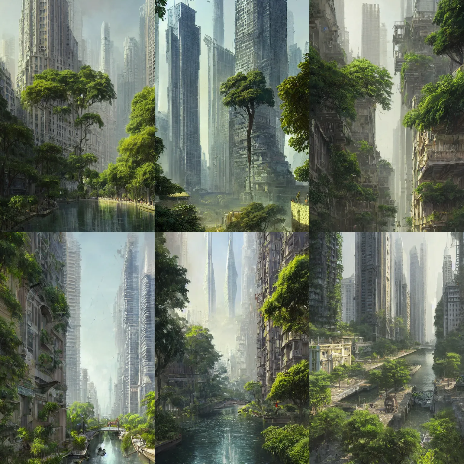 Prompt: a green city with skyscrapers, gardens and vegetation growing on the buildings, waterways and canals, summer season, very hot, dry, architecture, a realistic digital painting by greg rutkowski and james gurney, trending on artstation, highly detailed, 8 k