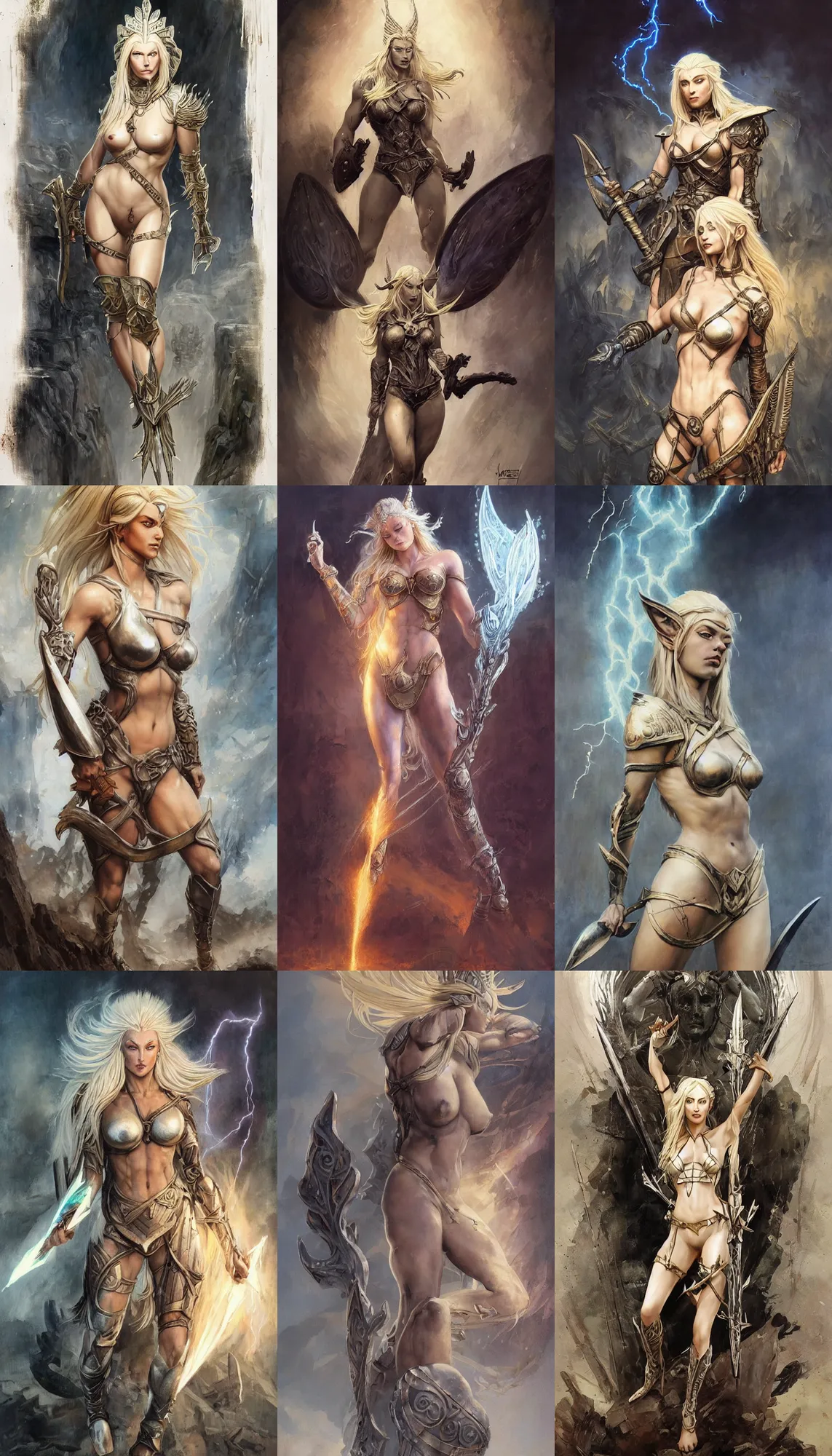 Prompt: A mixed media painting of the beautiful blonde goddess of war infused with lightning, very aesthetic, curvy, detailed face, elven armor, by Frank Frazetta, Greg Rutkowski, Boris Vallejo, Beeple, Yoko Taro, Christian MacNevin, epic fantasy character art, goddess of anger, viking runes, high fantasy, CGsociety, full length, exquisite detail, post-processing, masterpiece, cinematic, odin's stone arena background