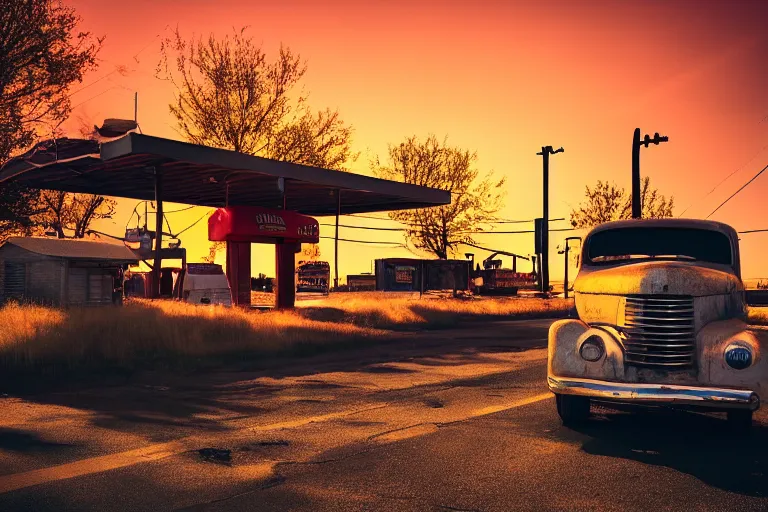 Image similar to a sunset light landscape with historical route 6 6, lots of sparkling details and sun ray ’ s, blinding backlight, smoke, volumetric lighting, colorful, octane, 3 5 mm, abandoned gas station, old rusty pickup - truck, beautiful epic colored reflections, very colorful heavenly, softlight