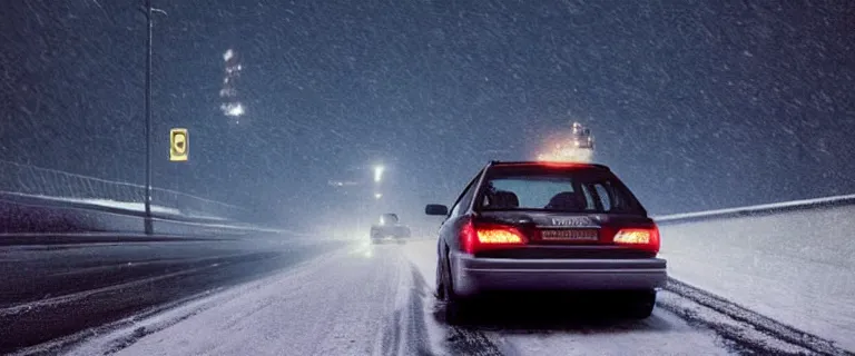 Image similar to Audi A4 B6 Avant (2002), a gritty neo-noir, Robot horror, dramatic bright lighting, cinematic, establishing shot, extremely high detail, photorealistic, cinematic lighting, artstation, by simon stalenhag, Snowy italian road, Snowy Apennines, At night, Poets of the Fall - Late Goodbye