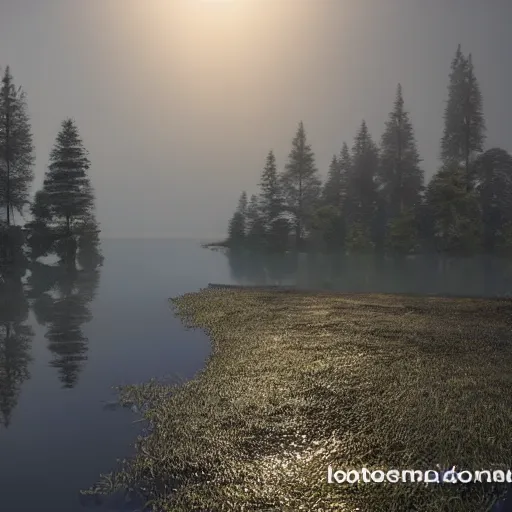 Image similar to still shot of a lake covered in morning fog, highly detailed, photorealistic portrait, bright studio setting, studio lighting, crisp quality and light reflections, unreal engine 5 quality render