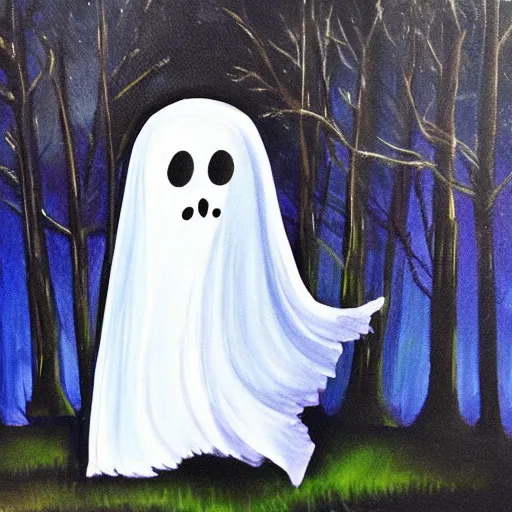 Prompt: a cute ghost in a dark gloomy forest oil paint brush strokes