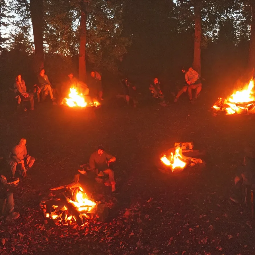 Prompt: a nice evening around the camp fire, friends are drinking and laughing, there is a monster behind the tree