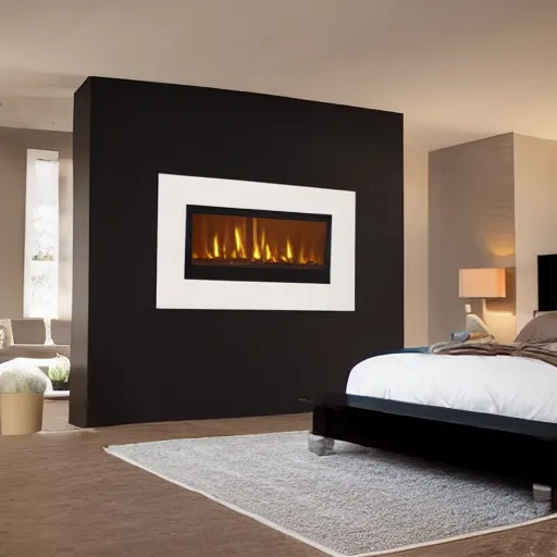 Image similar to award-winning catalog photo modern headboard in the shape of a fireplace mantel master bedroom