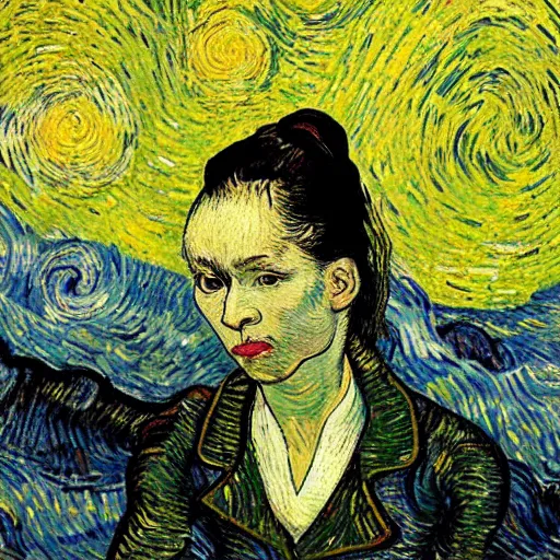 Image similar to a romantic girl with dark descending hair on the roof of the house in rotterdam looks at the stars, in the windows yellow light, wang gogh wrote