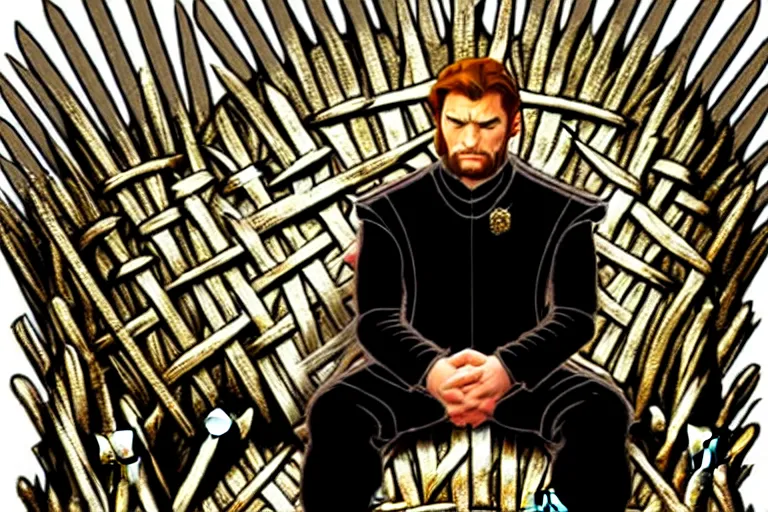 Image similar to man sitting, on a throne made of money, in the style of alex ross, game of thrones