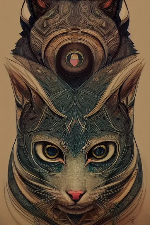 Image similar to geometric cat portrait, identical eyes, medium shot, fantasy, illustration, detailed line work, symmetrical, acid vintage color palette, artstation, hyper detailed, cinematic lighting, incredibly detailed and intricate, ornate, by peter mohrbacher