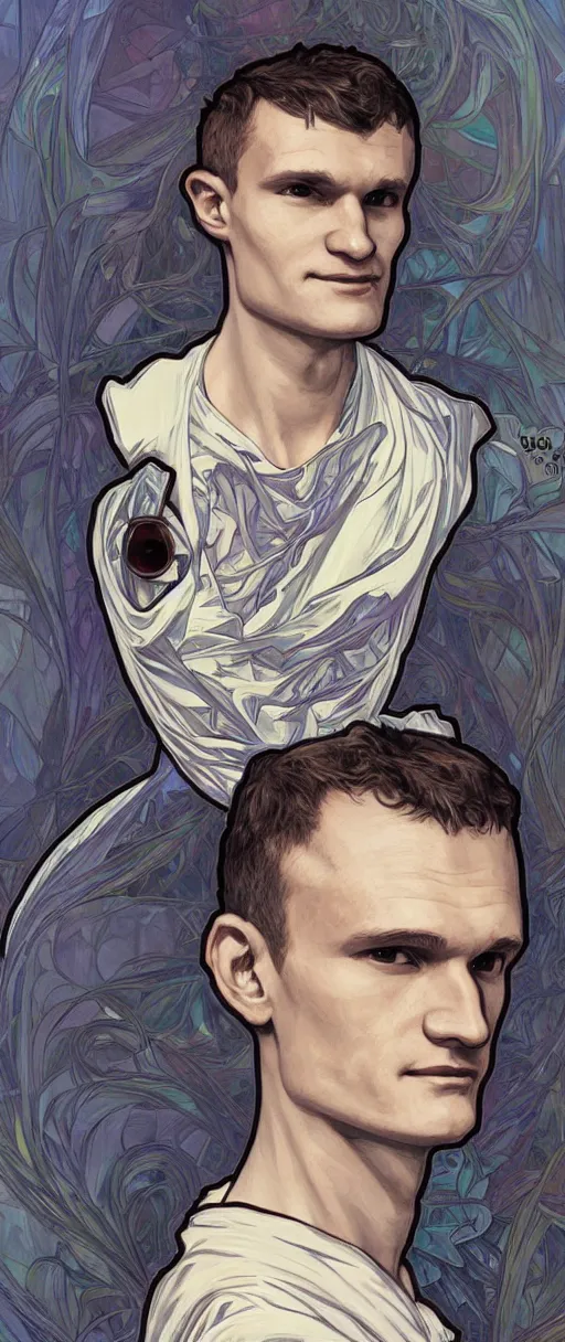 Image similar to vitalik buterin portrait, art by artgerm and greg rutkowski and alphonse mucha