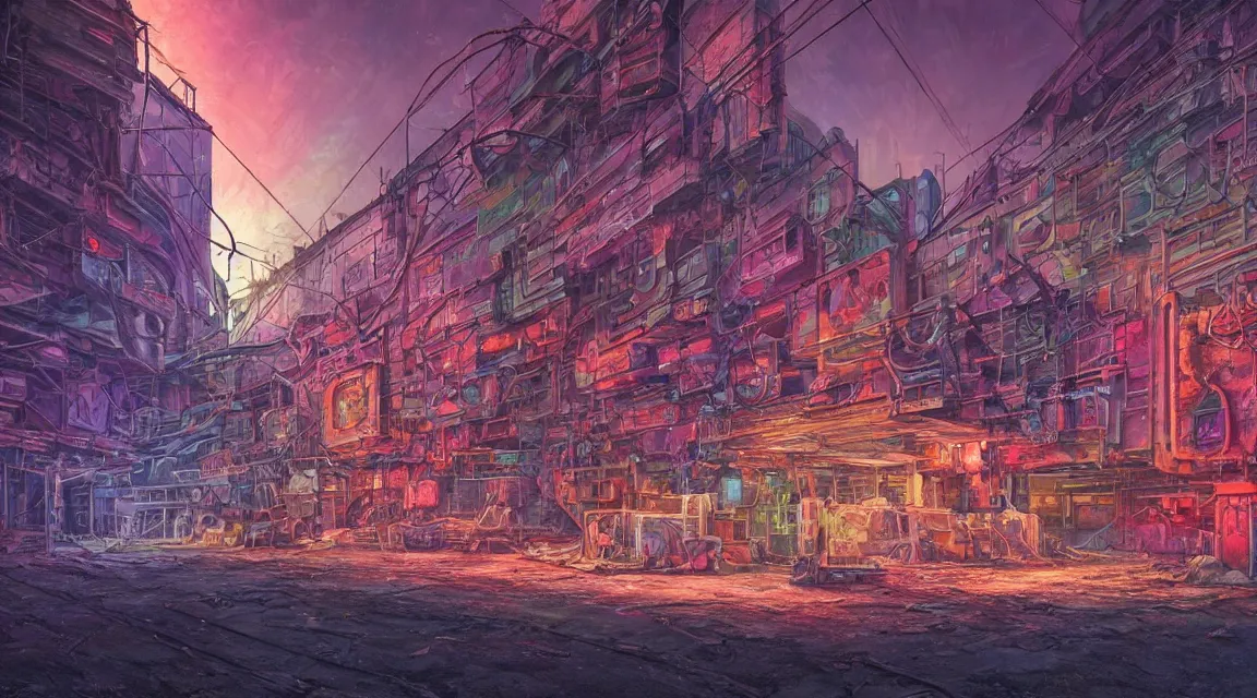 Image similar to Very highly detailed photo, post apocalyptic building, synthwave neon retro, by Vladimir Manyukhin, by Simon Stålenhag, by Guido Borelli, by Nathan Walsh, by Peter Gric, deviantart, trending on artstation, Photorealistic, vivid colors, polychromatic, glowing neon, geometric, concept art digital illustration, polished, beautiful, HDR Unreal Engine 64 megapixels IMAX Terragen 4.0, 8k resolution concept art filmic complex utopian mysterious moody futuristic